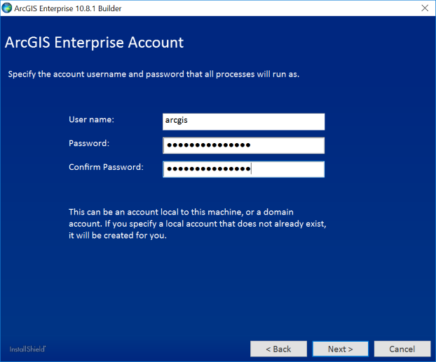 Specify the account user name and password that all processes will run as. Specify the account user name and password that all processes will run as.